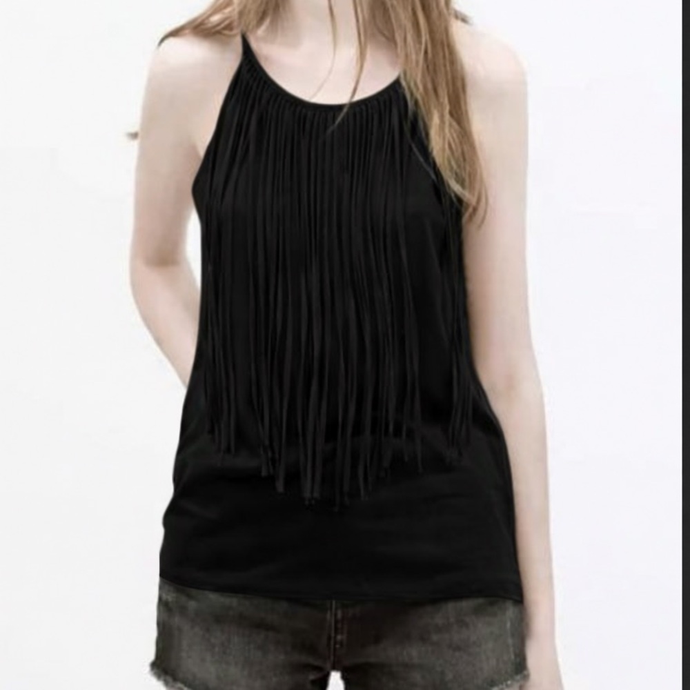 Zara Black Fringed Front Tank Top